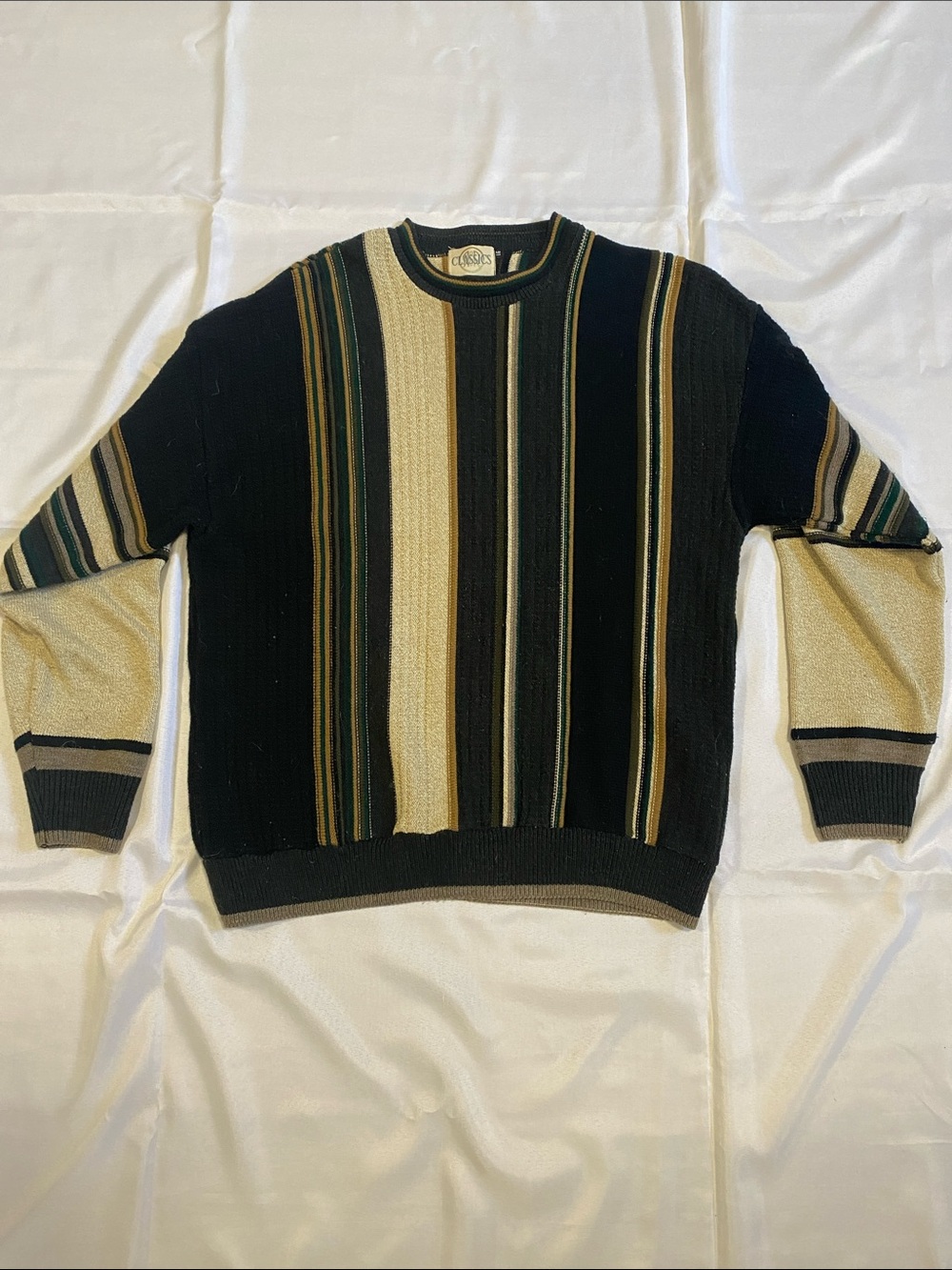 Classic Men's Vertical Stripe Crewneck Sweater in Black, Beige & Green